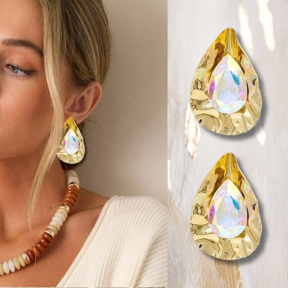 Greer Gold Abstract Crystal Center Teardrop Statement Earrings - Picture 3 of 4